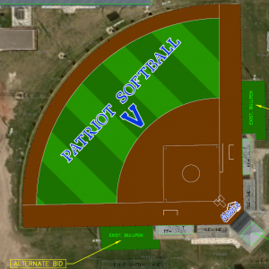 Digital rendering of the Mission Veterans Memorial High School softball field turf design. The Field has the blue Patriots "V" logo in center field, below the text Patriot Softball.